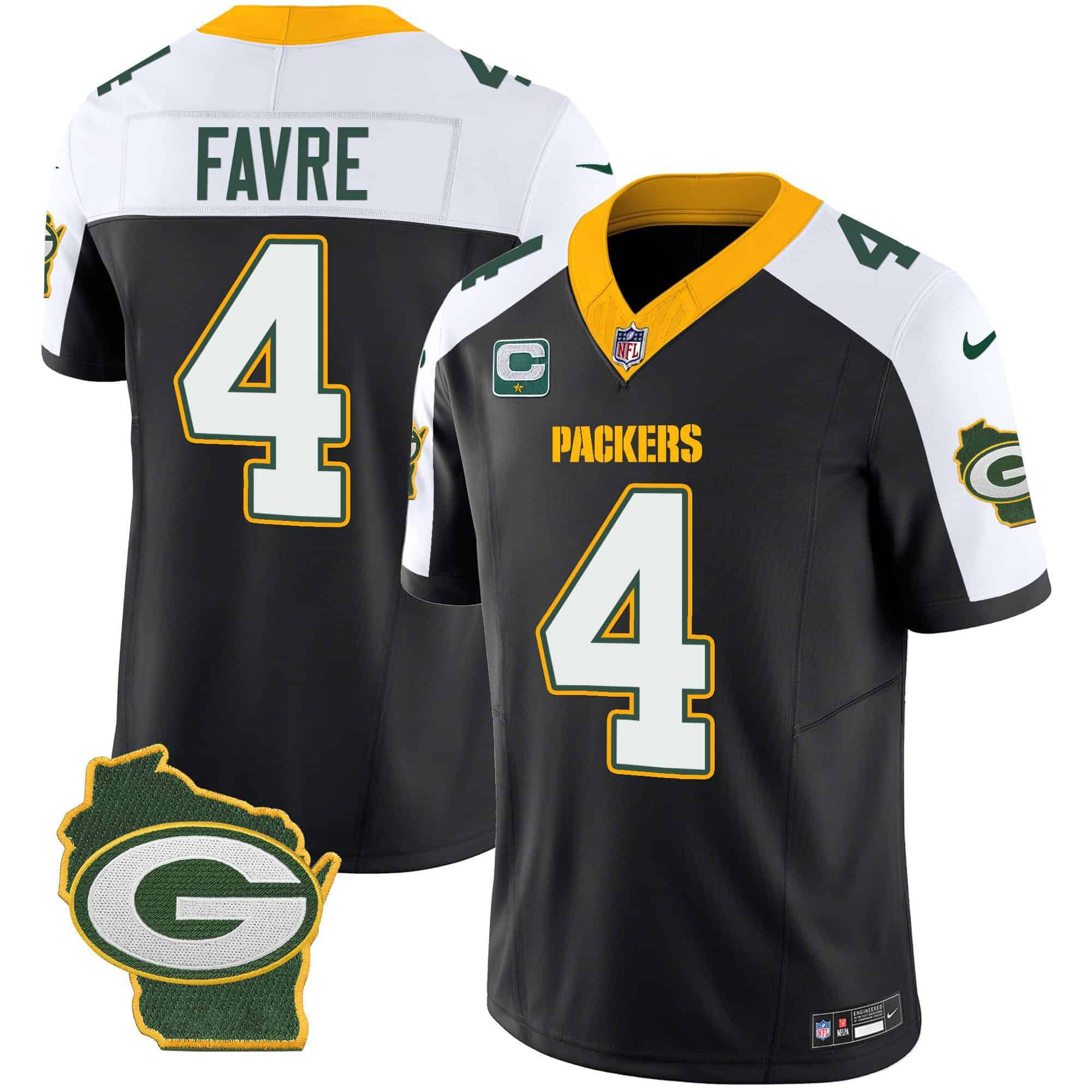 Men Green Bay Packers #4 Favre Black 2024 Nike Home Patch Vapor NFL Jersey